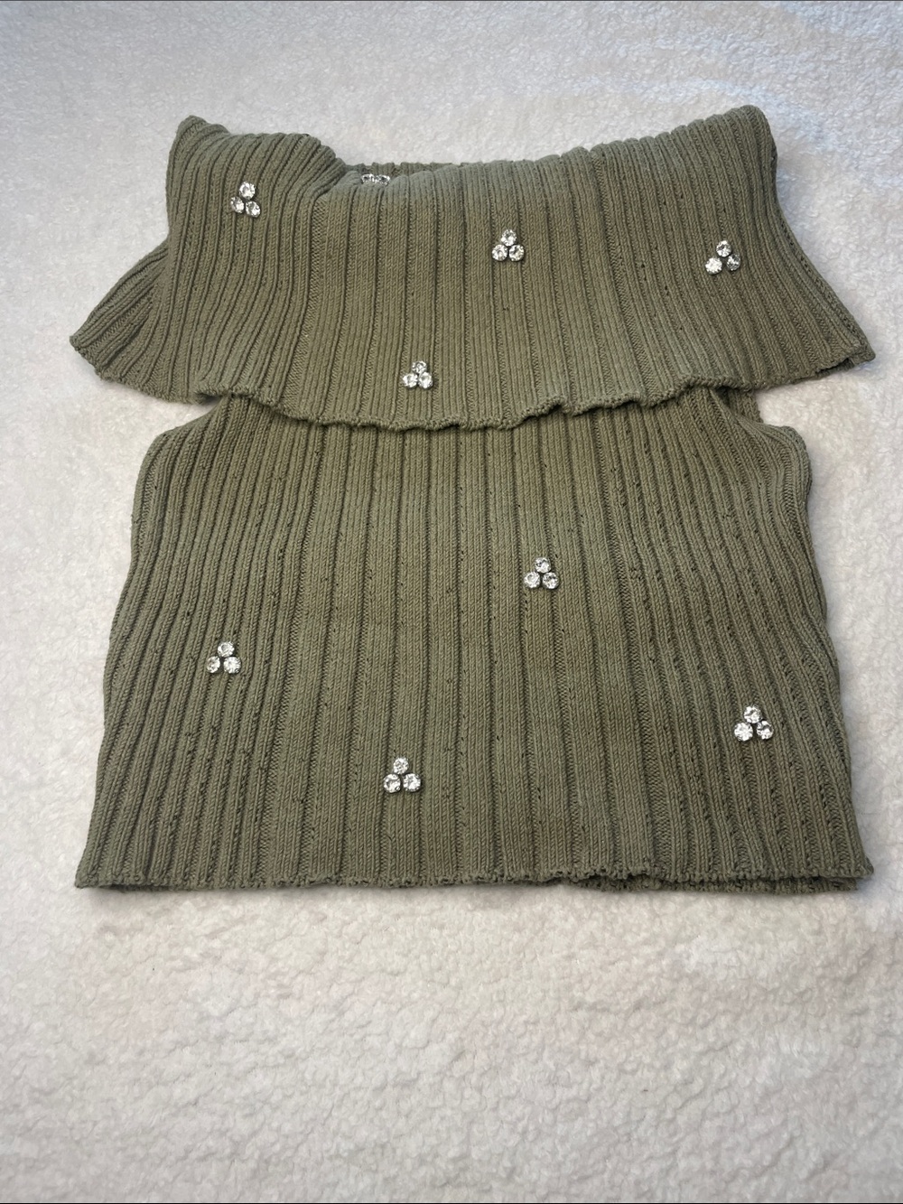 NWOT Olive Ribbed off the shoulder Zara Crop Sweater Top with Crystals
